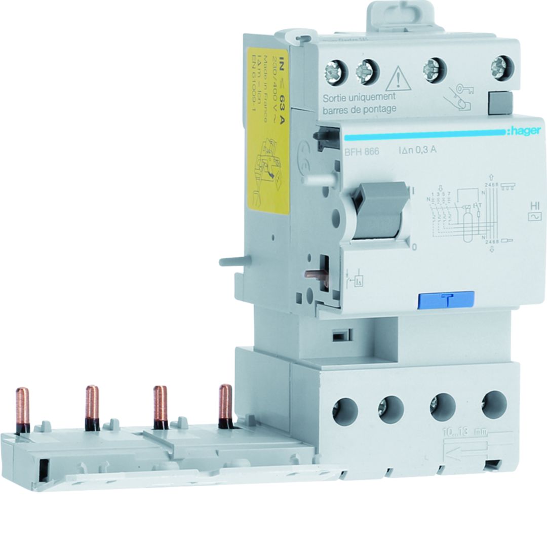 Hager BFH Series Residual Current Circuit Breaker, 63A, 4-Pole, 300 mA