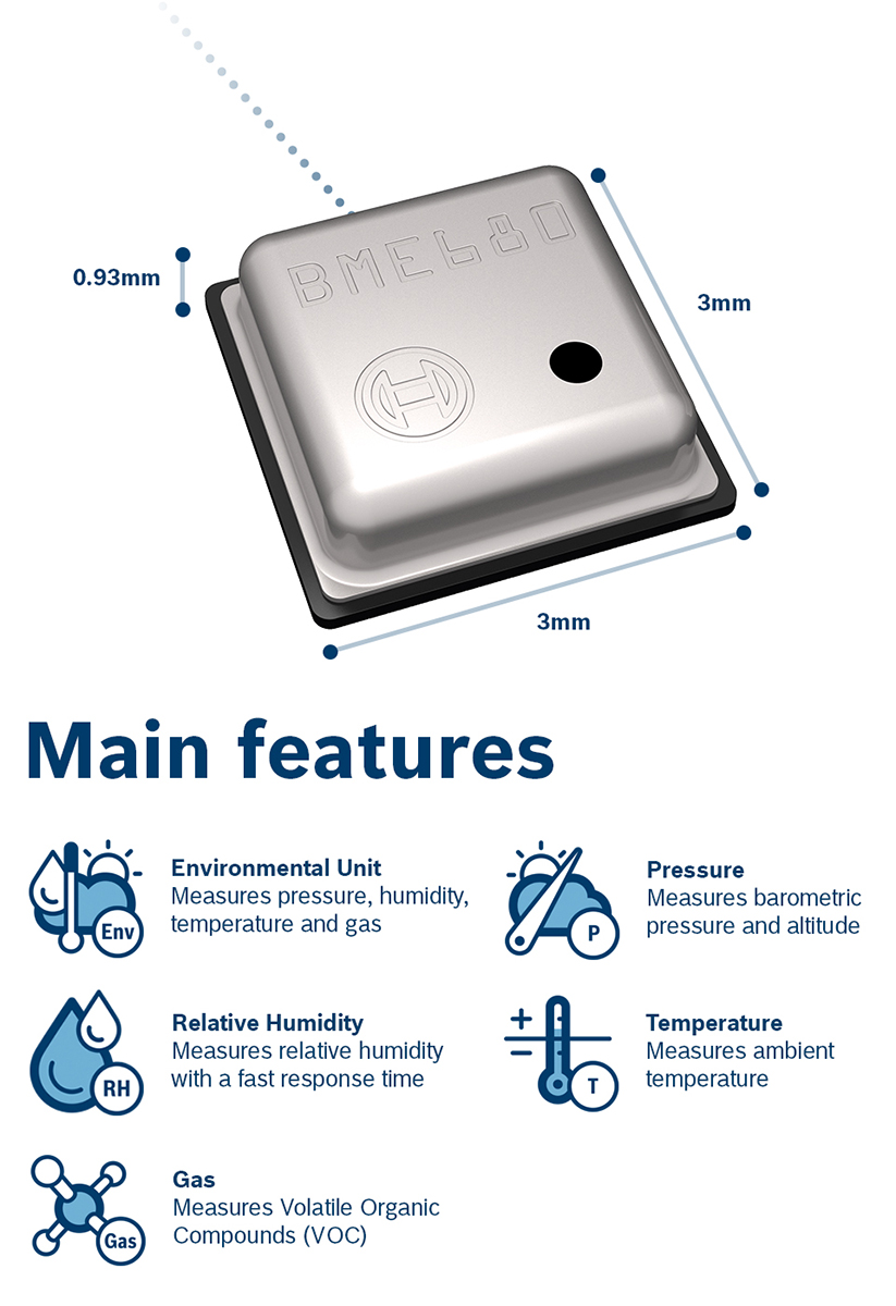 Bosch Sensortec BME680 Series, Digital Output Temperature & Humidity Sensor, Surface Mount, SPI, I2C, ±0.6 %, 0 to 65