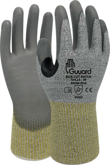 GUYARD BOA CUT PATCH Grey Lycra, Polyester, Polyethylene Work Gloves, Size 6, Polyurethane Coating