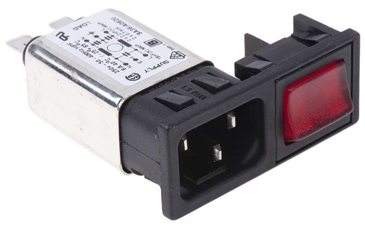 Bulgin BZM27/A0620/59B, 250V ac 6A Snap-in IEC Filter Male 2 Pole