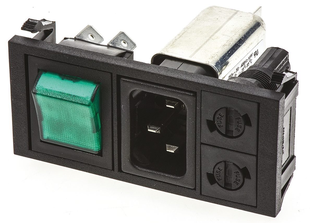 Bulgin BZV03/A0620/09, 250V ac 10A Snap-in IEC Filter Male 2 Pole 2 Fuse