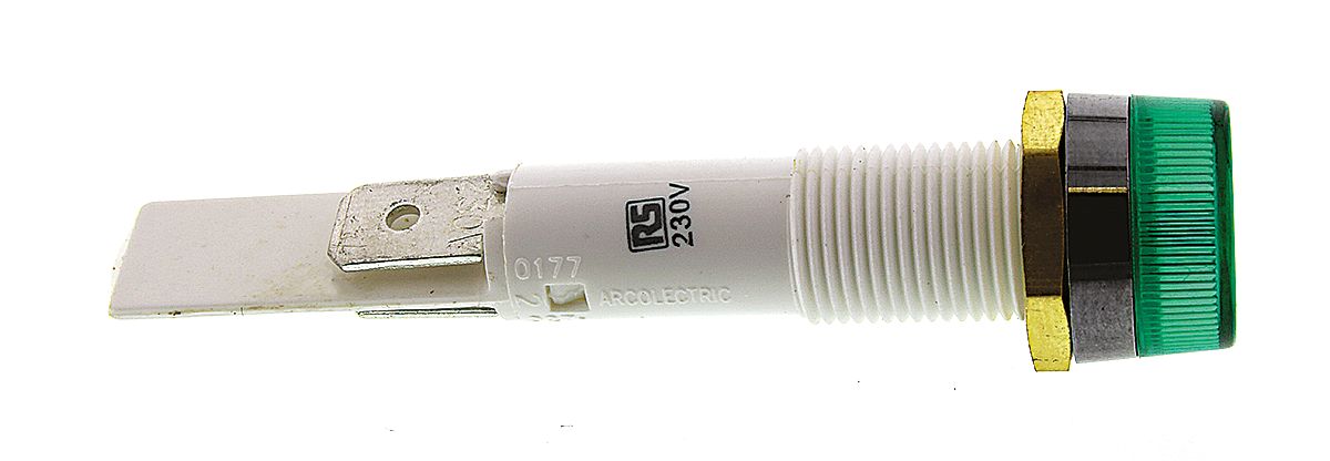Arcolectric (Bulgin) Ltd 0277 Series Green Panel Mount Indicator, 230V ac, Solder Tab Termination Panel Mount, IP67
