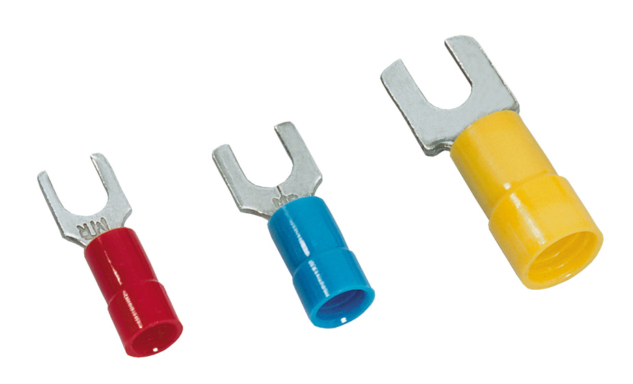 MECATRACTION, NRGF Insulated Fork Terminal, 22 AWG to 16 AWG, 6 mm Stud Size Polyamide, Red