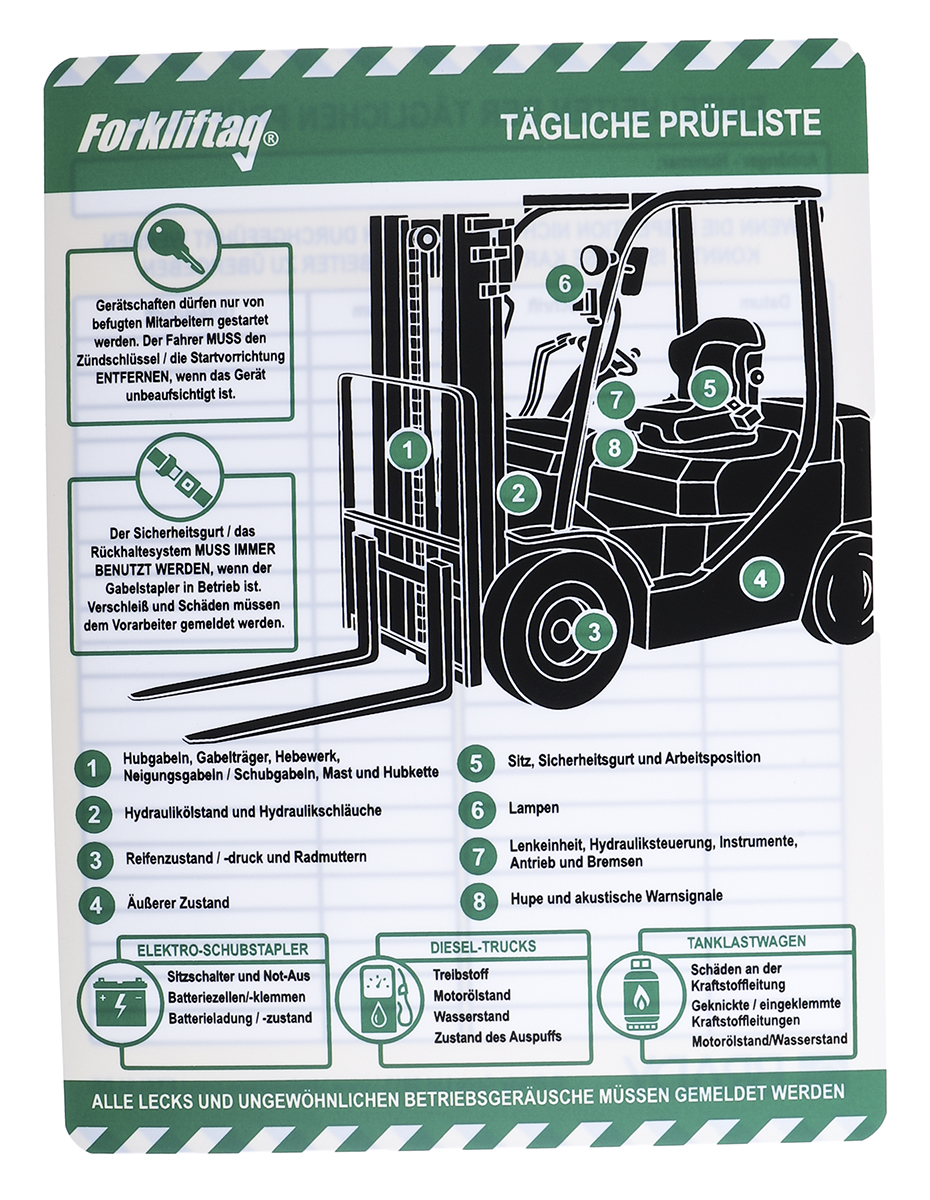 Brady Black on Blue, Green Safety Forklift Tag, German Language, 10 per Pack