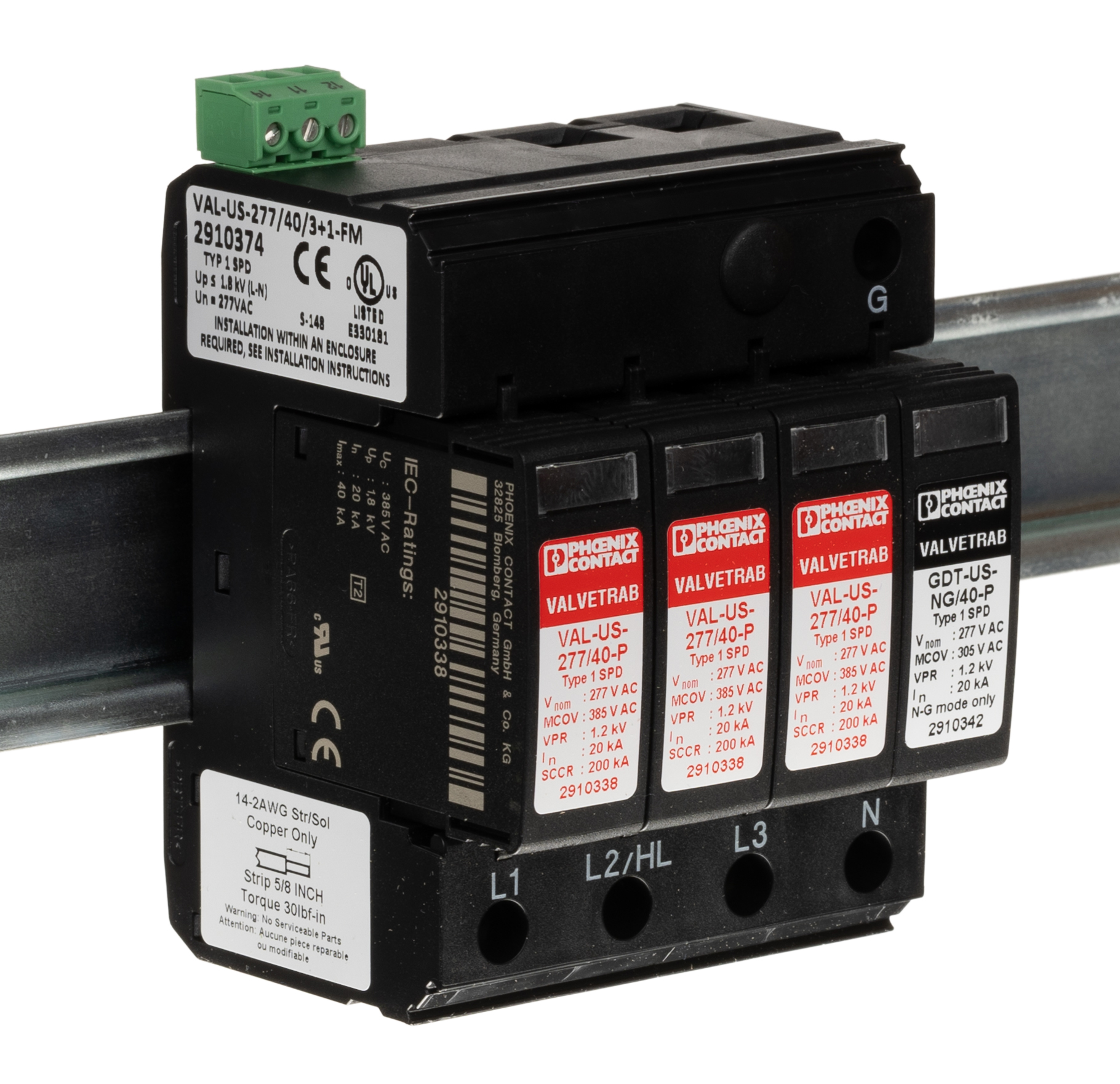 2910374 Phoenix Contact, VAL-US-277/40/3+1-FM Surge Protection Device 480 V ac Maximum Voltage Rating 40kA Maximum Surge