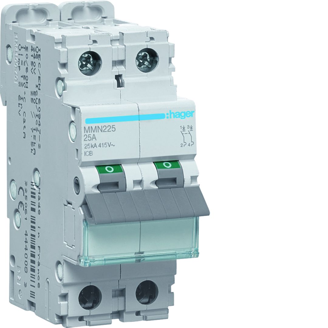 Hager MMN MCB, 2P, 25A, 230V AC, 20 kA Breaking Capacity
