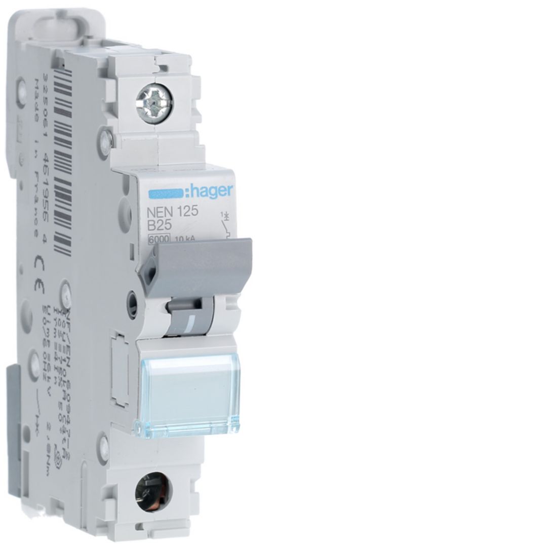 Hager Hager NEN Circuit Breaker, 1P, 25A Curve B, 230 → 400V AC, 10 kA Breaking Capacity