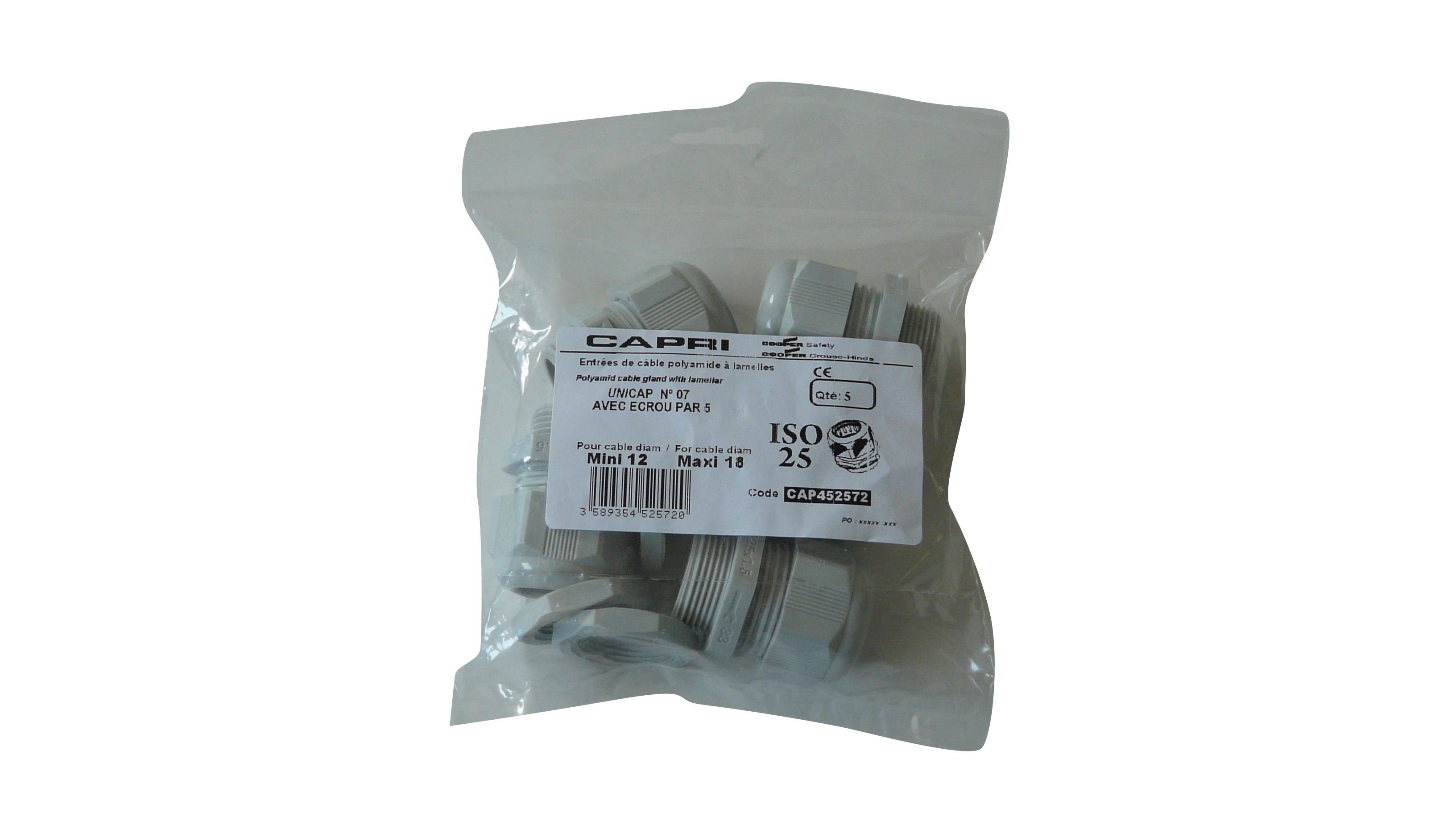 Capri UNICAP Series Grey Polyamide Cable Gland, M20 Thread, 6 mm min., 12 mm max., IP68