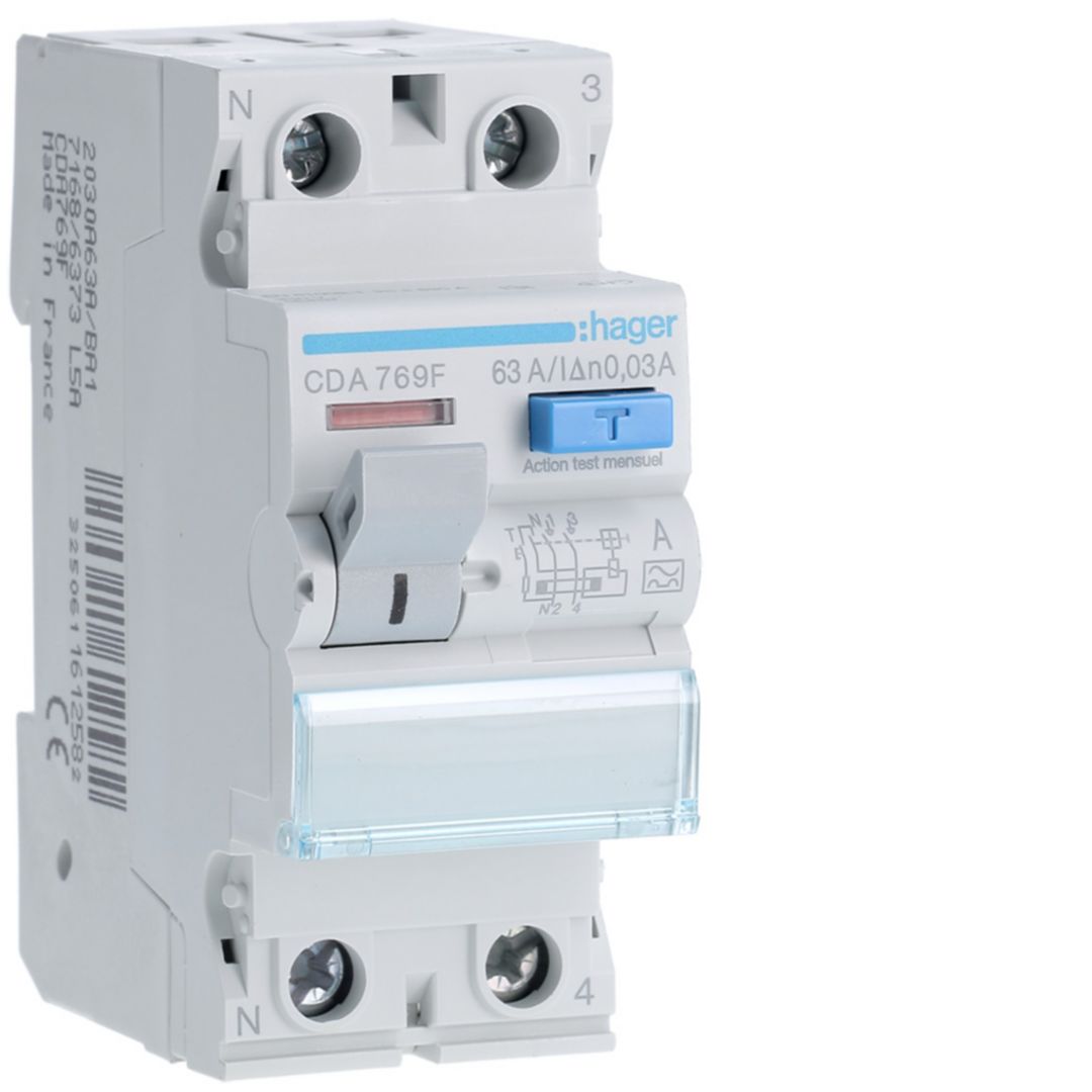 Hager CDA RCD Switch, 63A, 2 Pole, 30mA, Type A, 230V