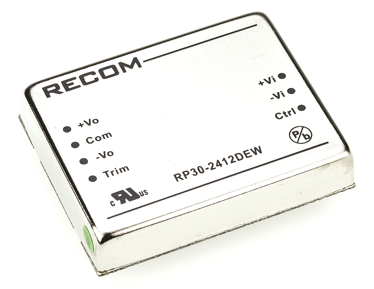 Recom RP30-EW DC-DC Converter, ±12V dc/ ±1.25A Output, 10 → 40 V dc Input, 30W, Through Hole, +85°C Max Temp