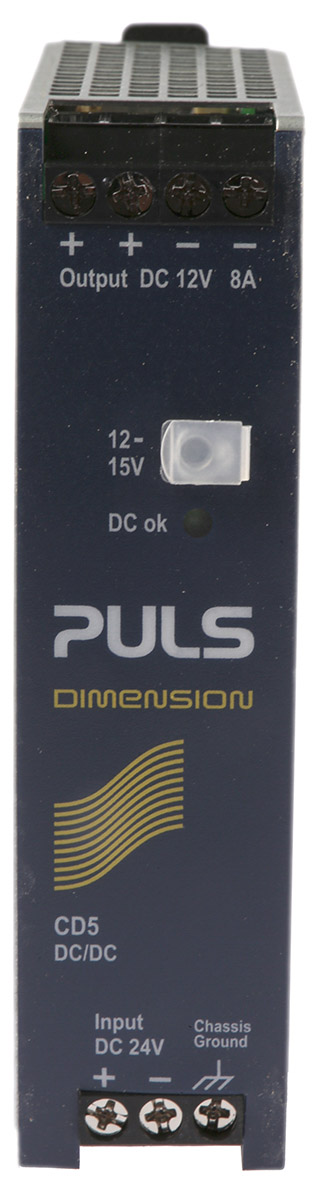 PULS DIMENSION-CD DC/DC Converter, 12V dc/ 8 A, 32.4V dc Input, 24V dc Input, DIN Rail 96 W, 70 °C Max Temp 70 °C Min