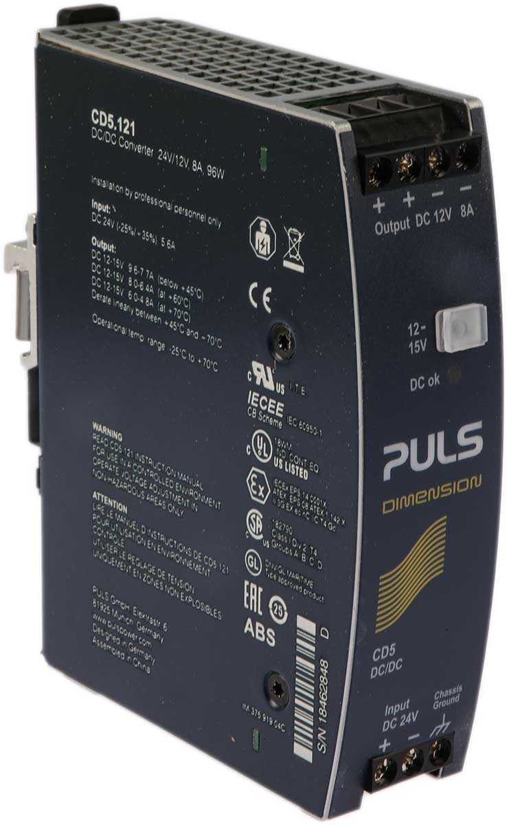 cd5121 PULS DIMENSION-CD DC/DC Converter, 12V dc/ 8 A, 32.4V dc Input, 24V dc Input, DIN Rail 96 W, 70 °C Max Temp 70 °C Min