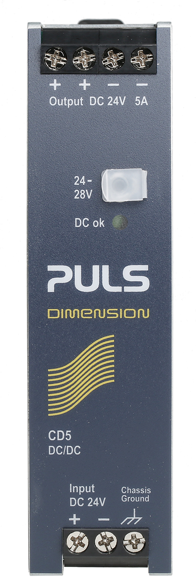 PULS DIMENSION-CD DC/DC Converter, 24V dc/ 5 A, 32.4V dc Input, 24V dc Input, DIN Rail 120 W, 70 °C Max Temp 70 °C Min