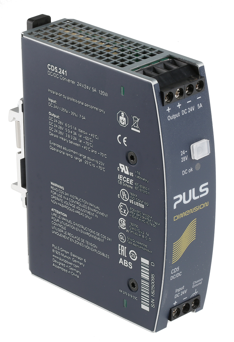 cd5241 PULS DIMENSION-CD DC/DC Converter, 24V dc/ 5 A, 32.4V dc Input, 24V dc Input, DIN Rail 120 W, 70 °C Max Temp 70 °C Min