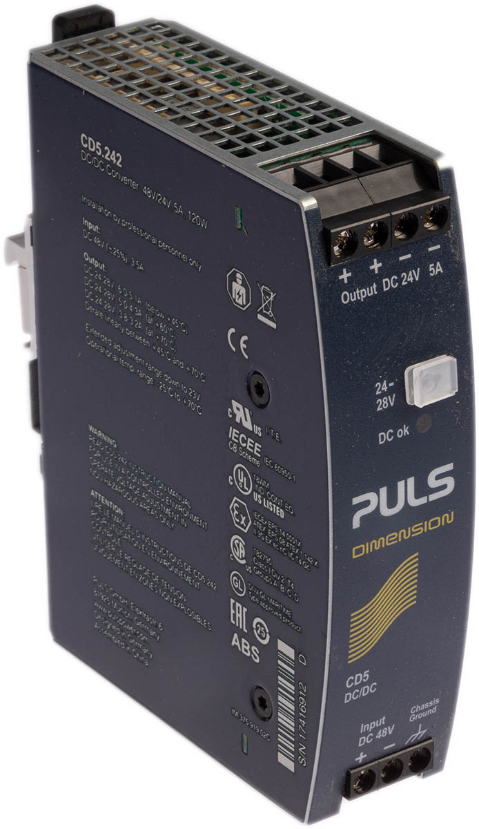 cd5242 PULS DIMENSION-CD DC/DC Converter, 24V dc/ 5 A, 60V dc Input, 48V dc Input, DIN Rail 120 W, 70 °C Max Temp 70 °C Min