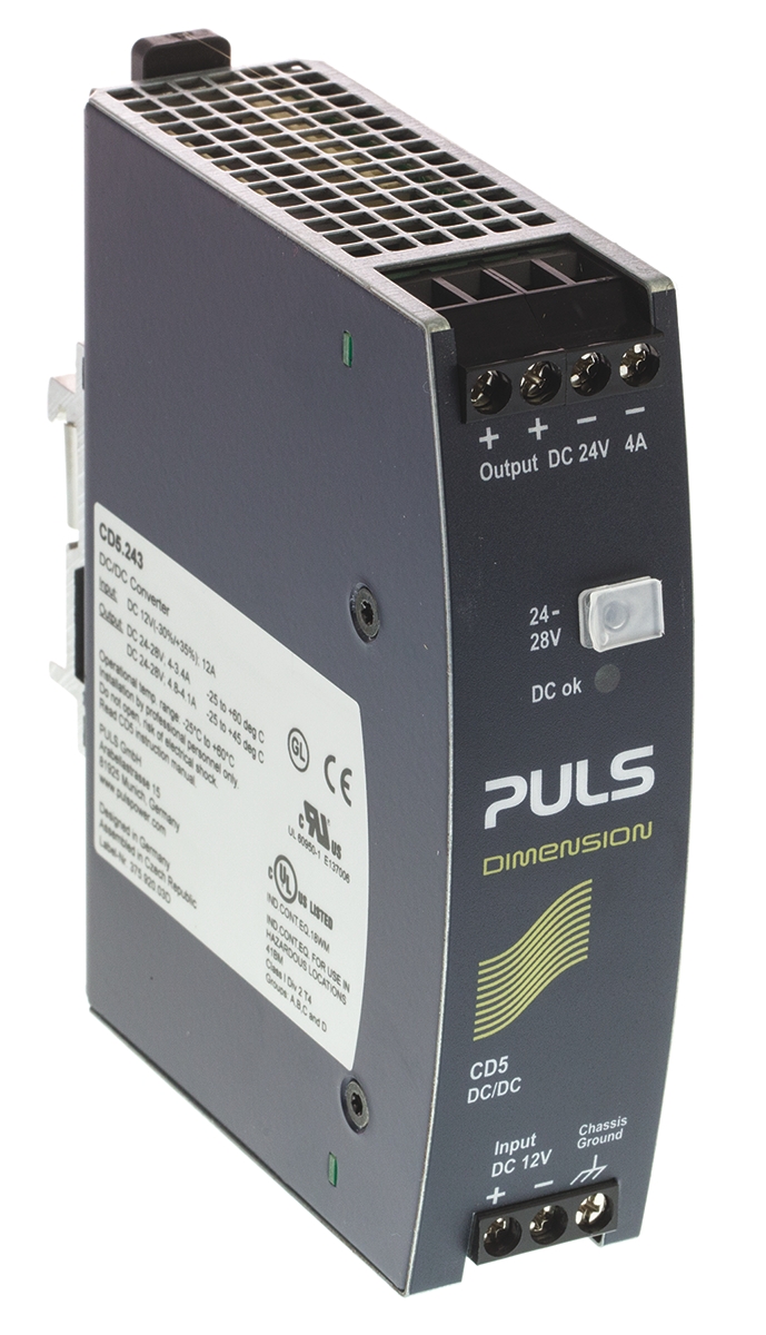 PULS DIMENSION-CD DC/DC Converter, 24V dc/ 4 A, 16.2V dc Input, 12V dc Input, DIN Rail 96 W, 70 °C Max Temp 70 °C Min
