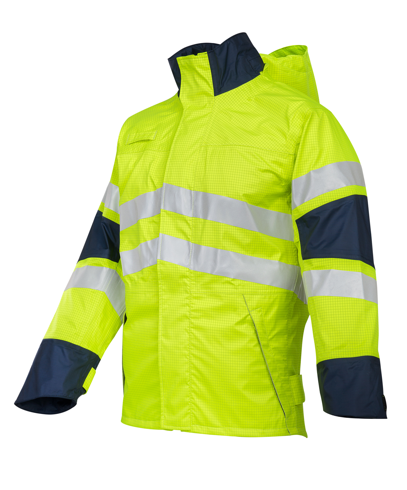 9720-hyn-m ProGARM 1 Navy, Yellow, Wind Resistant, Waterproof Jacket Zipped Hand Pockets, ThermSAFE Plastic FR Zipper, Storm Flap,