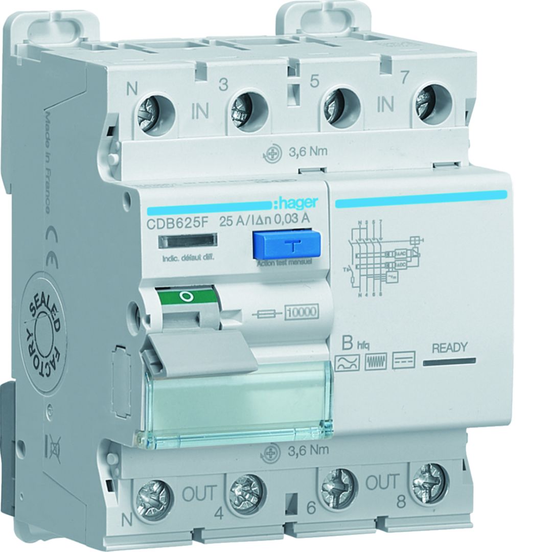 Hager CDB Series Residual Current Circuit Breaker, 25A, 3-Pole, 30 mA, Type B, 0.8 kA 400V ac
