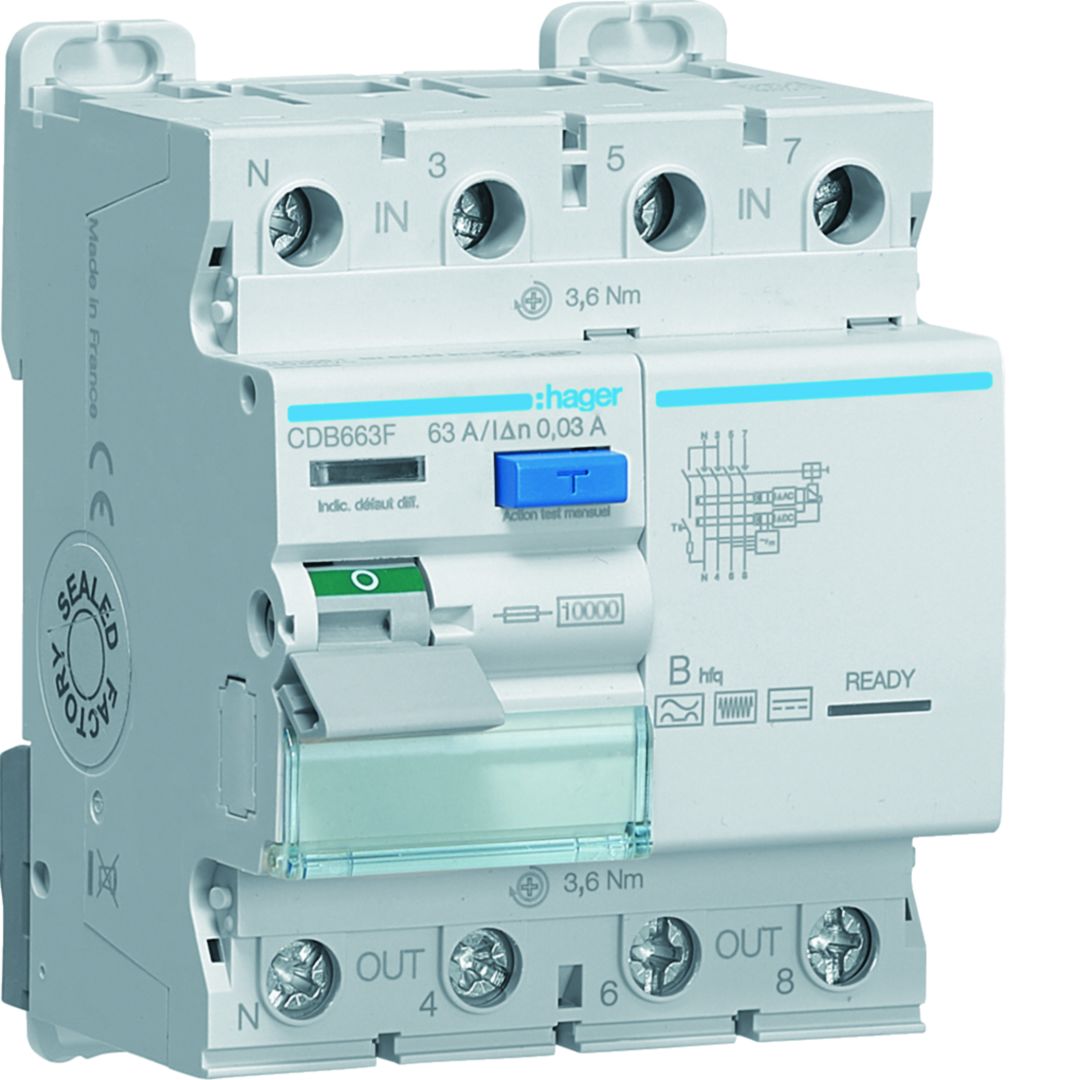 Hager CDB Series Residual Current Circuit Breaker, 63A, 3-Pole, 30 mA, Type B, 0.8 kA 400V ac