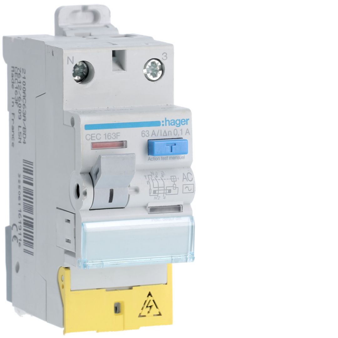 Hager CEC Series Residual Current Circuit Breaker, 63A, 1-Pole, 100 mA, Type AC