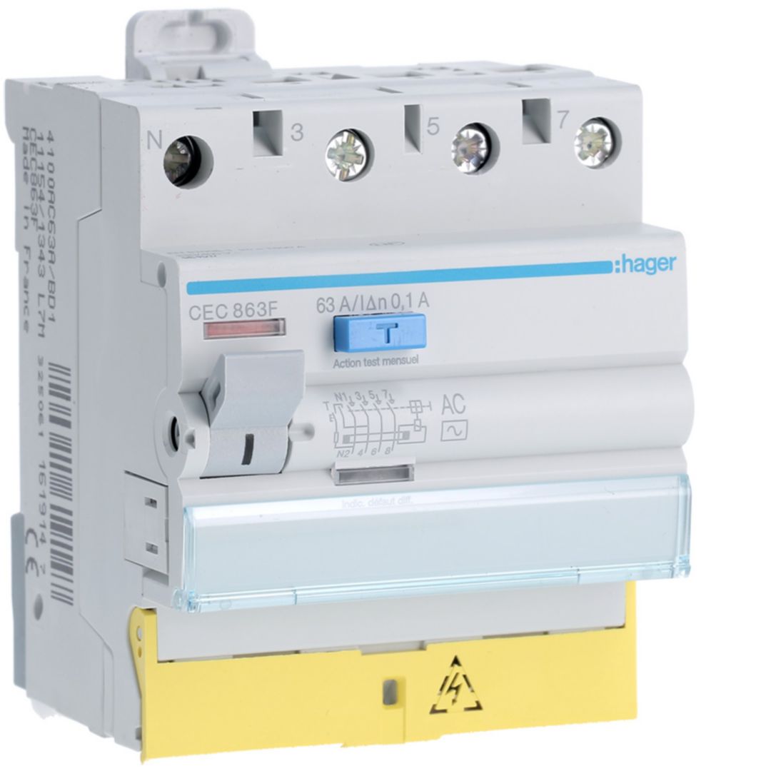 Hager CEC Series Residual Current Circuit Breaker, 63A, 3-Pole, 100 mA, Type AC