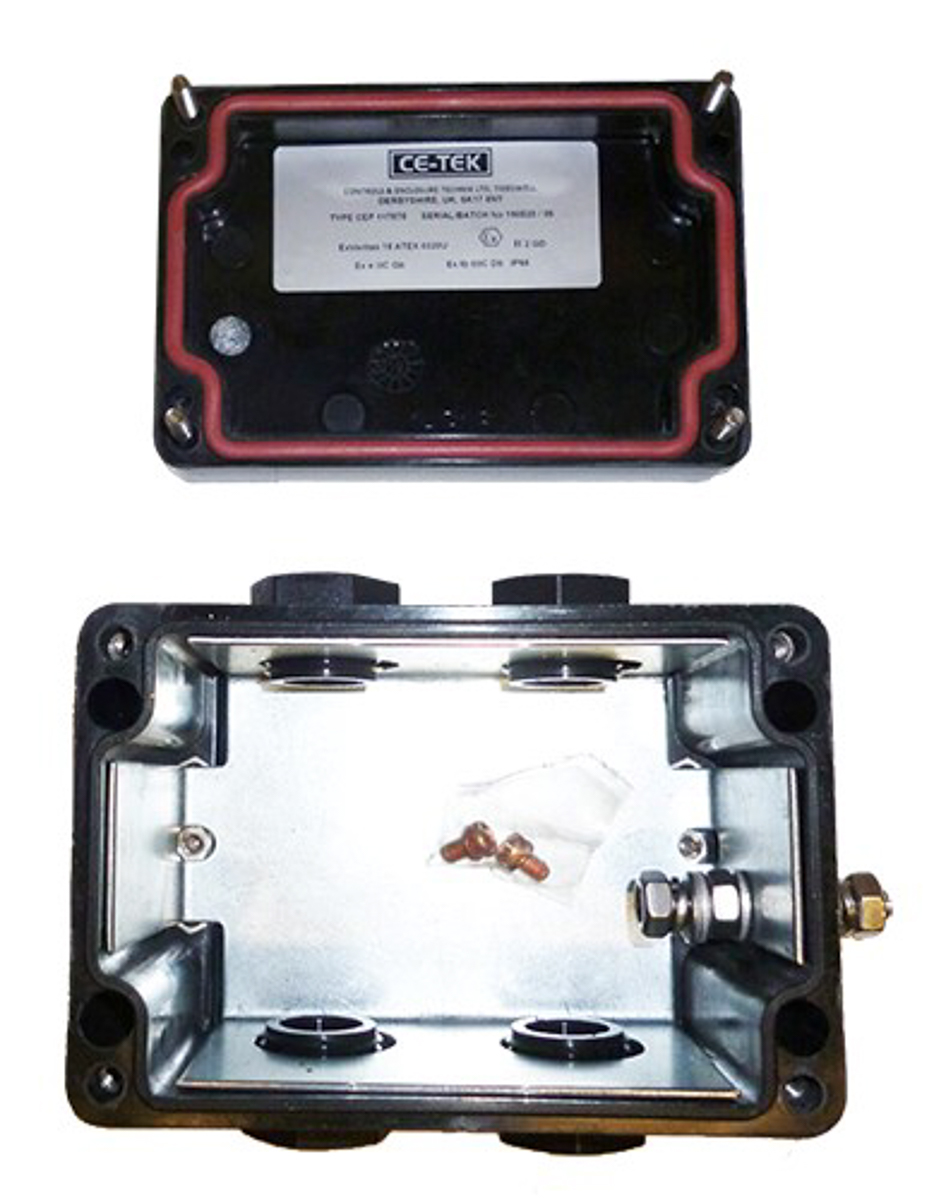 cep107575pau CE-TEK CEP-PA ATEX u Series Black Glass Reinforced Polyester Junction Box, IP66, ATEX, 110 mm, 75mm 75 mm