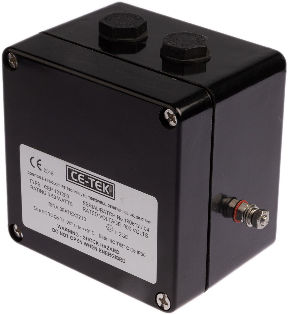 CE-TEK CEP Series Black Polyester Junction Box, IP66, 10 Terminals, ATEX, 122 mm, 120mm 90 mm