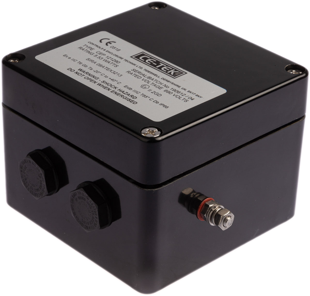 cep121290pa CE-TEK CEP Series Black Polyester Junction Box, IP66, 10 Terminals, ATEX, 122 mm, 120mm 90 mm