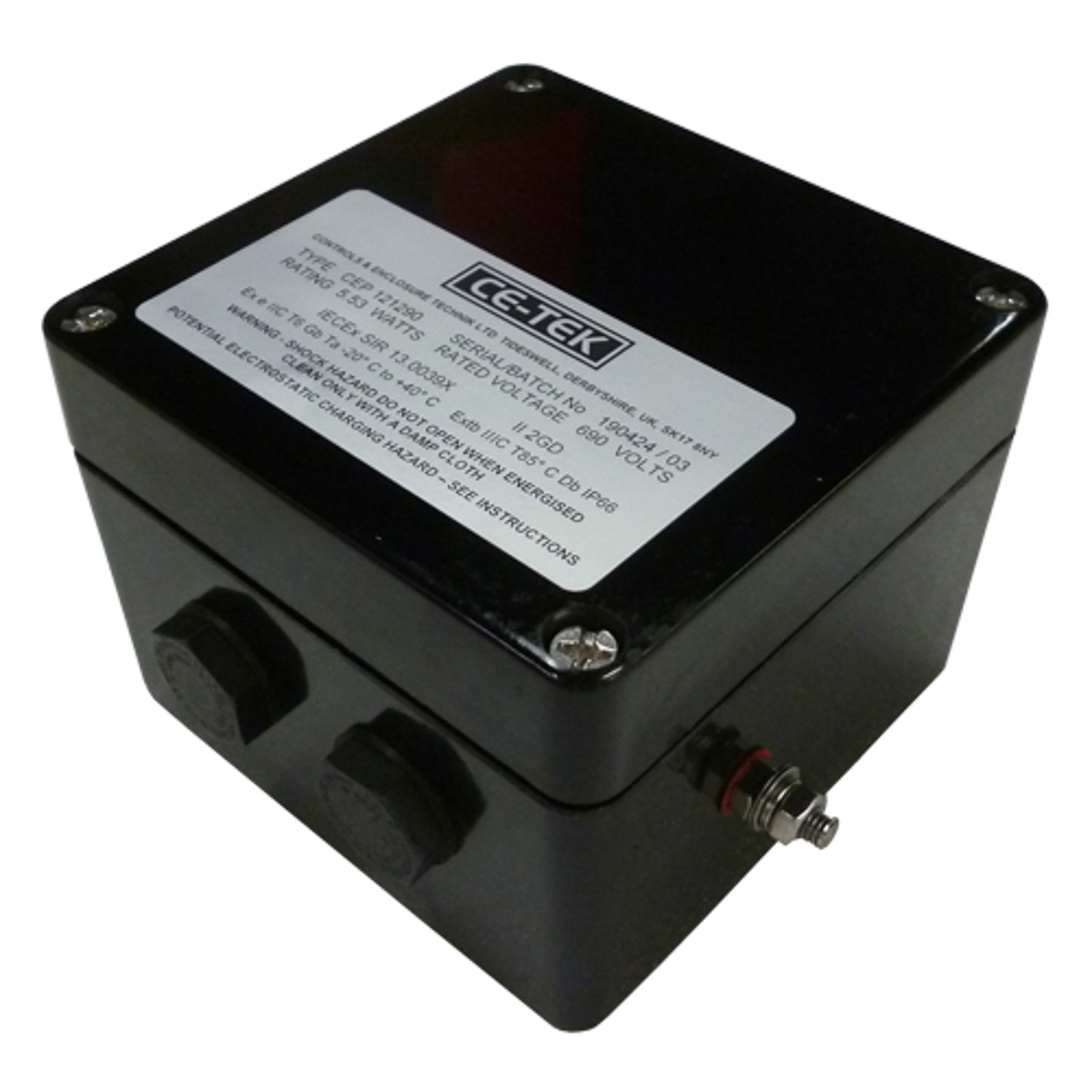 CE-TEK CEP-PA Series Black Glass Reinforced Polyester Junction Box, IP66, IECEx, 120 mm, 90mm 122 mm