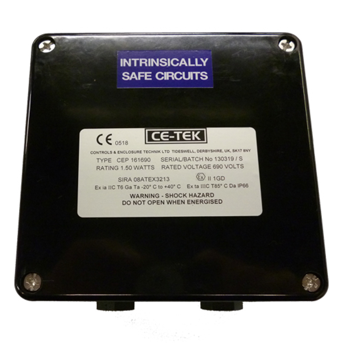 cep161690pai CE-TEK CEP-PA Series Black Glass Reinforced Polyester Junction Box, IP66, 15 Terminals, ATEX, 160 mm, 90mm 160 mm