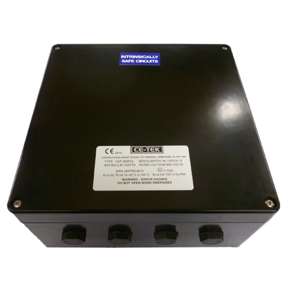 cep252512pai CE-TEK CEP-PA Series Black Glass Reinforced Polyester Junction Box, IP66, 40 Terminals, ATEX, 250 mm, 120mm 255 mm