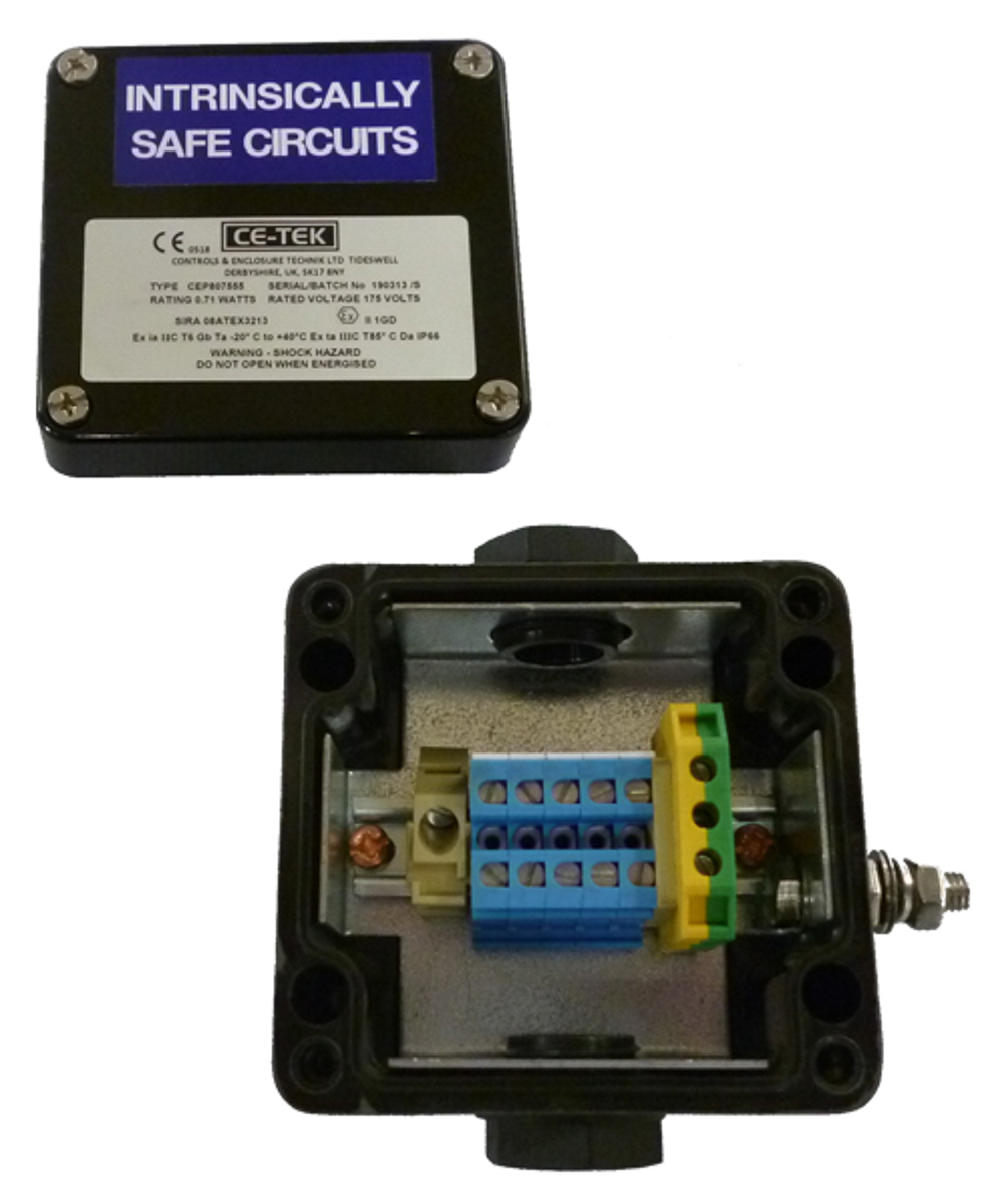 cep807555pai CE-TEK CEP-PA Series Black Glass Reinforced Polyester Junction Box, IP66, 5 Terminals, ATEX, 75 mm, 55mm 80 mm