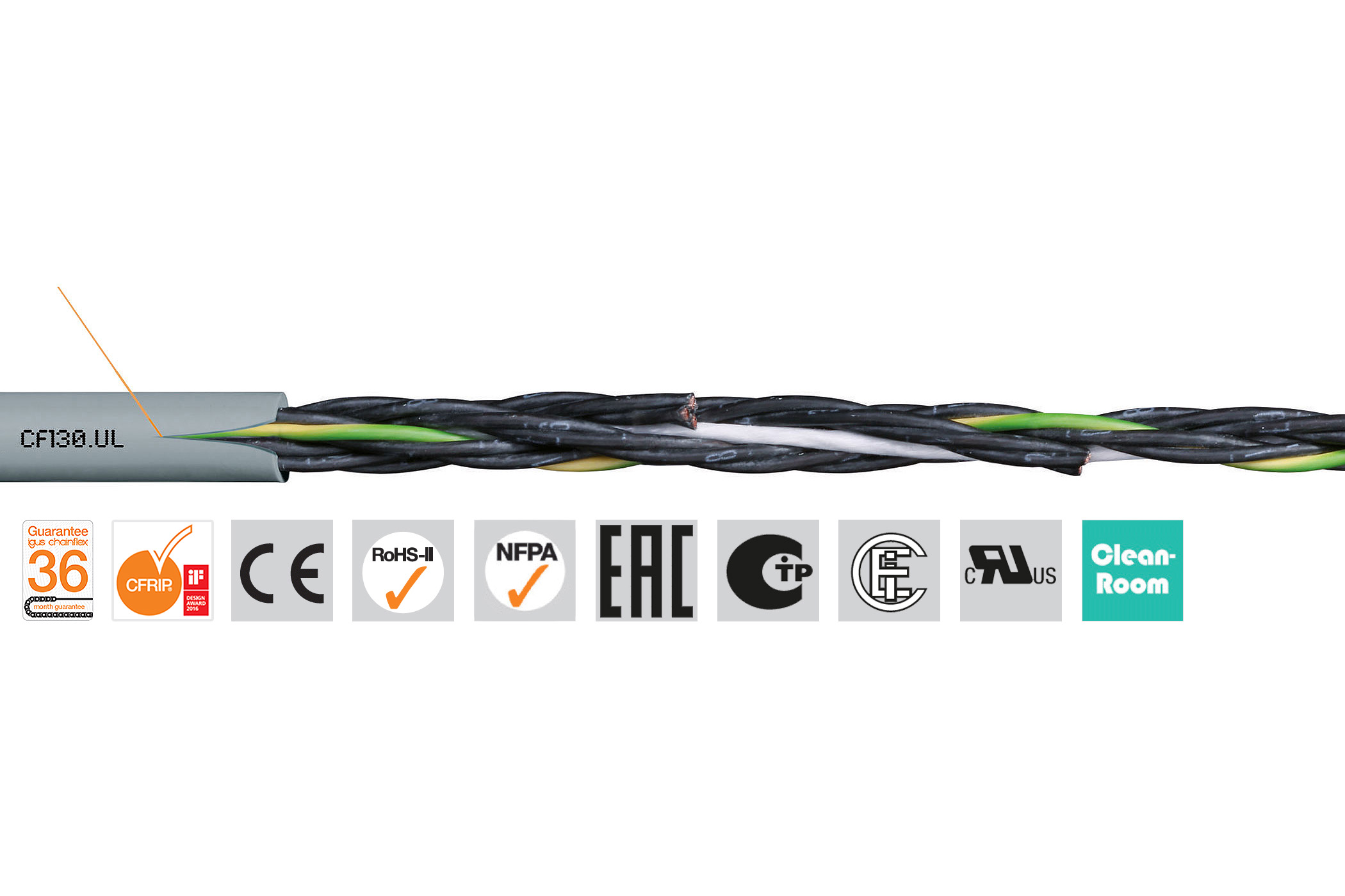 Igus Chainflex CF130.UL Control Cable, 12 Cores, 0.75mm² 18 AWG, Unscreened, 100 m, Grey Polyvinyl Chloride Sheath