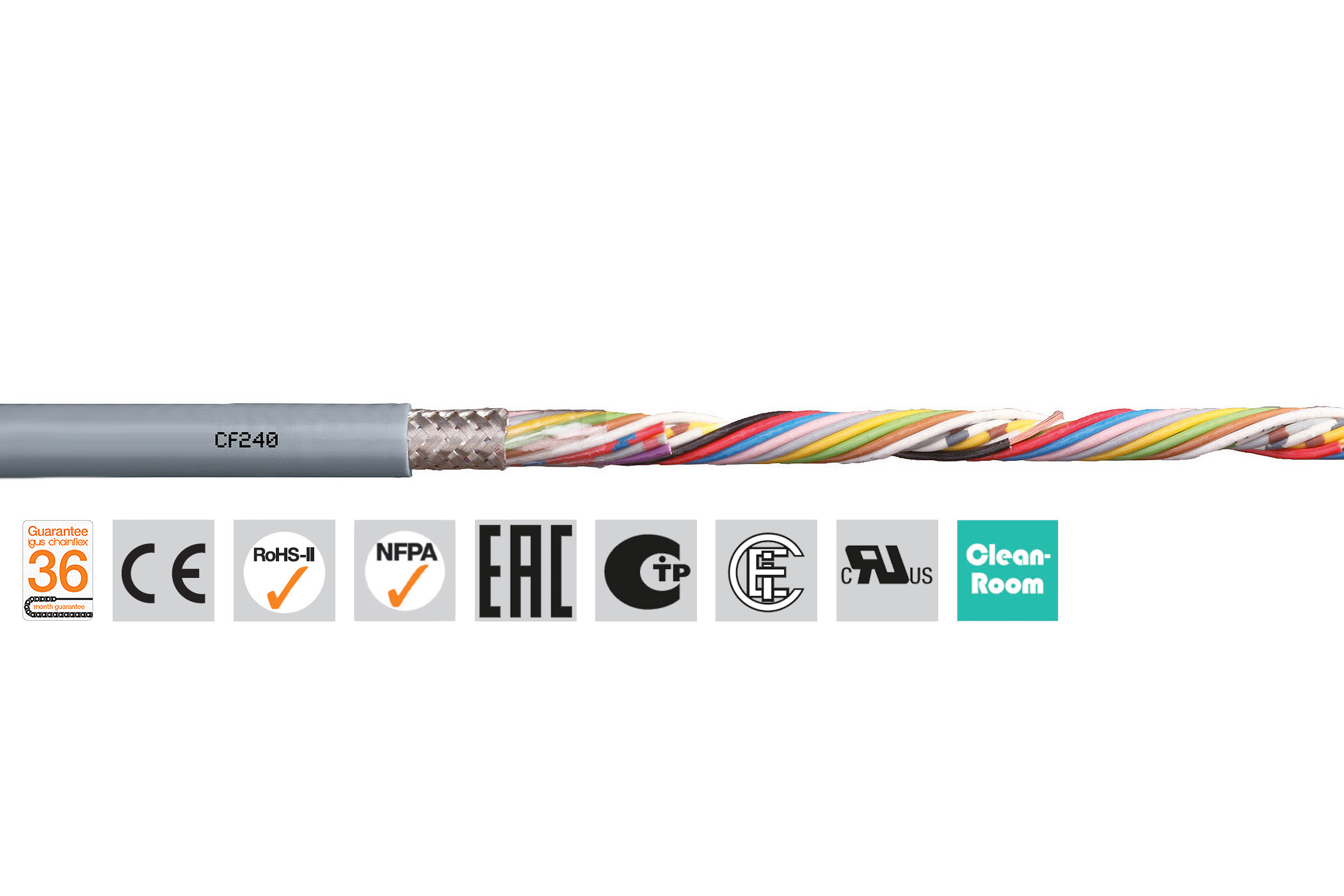 Igus chainflex CF240 Data Cable, 4 Cores 0.14mm² 26 AWG, Screened, 100 m, Grey Polyvinyl Chloride Sheath