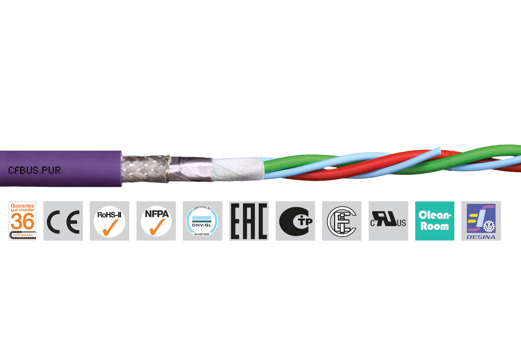 Igus chainflex CFBUS.PUR Bus Cable, 8 Cores 0.15mm² 25 AWG, Screened, 100 m, Purple Polyurethane Sheath
