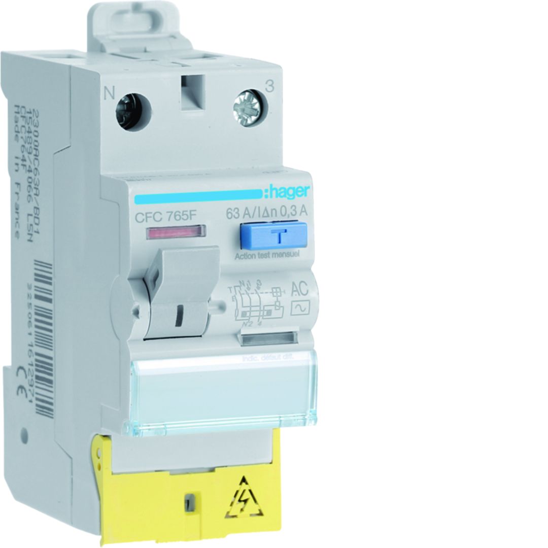 Hager CFC Series Residual Current Circuit Breaker, 63A, 1-Pole, 300 mA, Type AC, 0.63 kA 230V ac