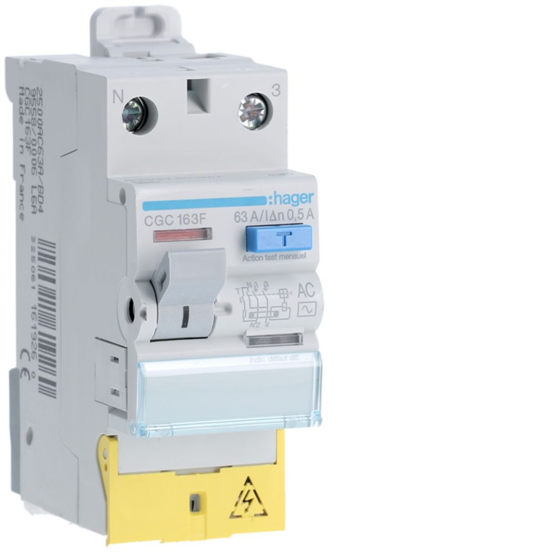 Hager CGC Series Residual Current Circuit Breaker, 63A, 1-Pole, 500 mA, Type AC, 1.5 kA 230V ac