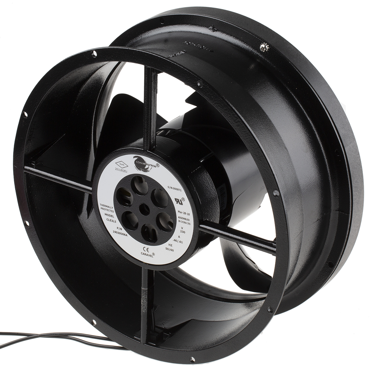 COMAIR ROTRON Caravel Series Axial Fan, 230V ac, 1473 m³/h, 110 W, 610 mA Max 254 mm, 106.9mm, 106.9 mm