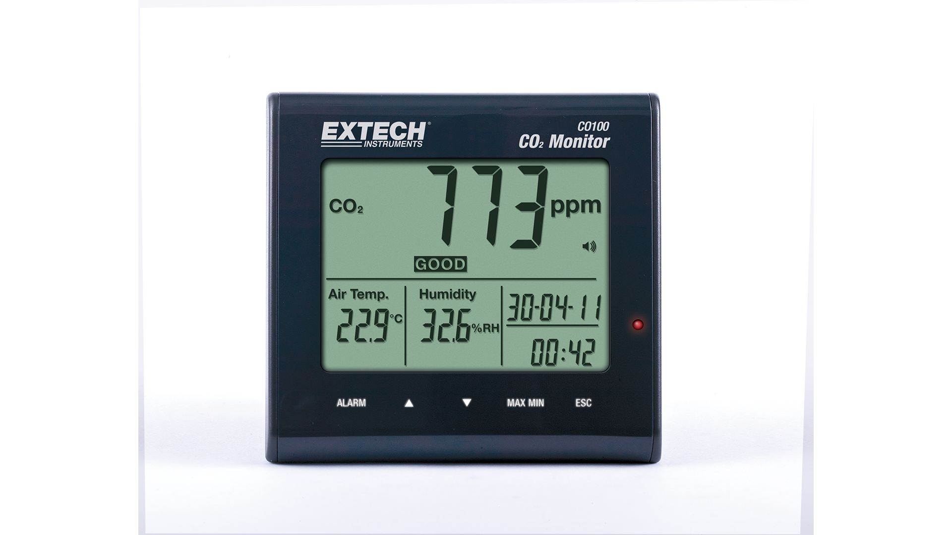 Extech CO100 Air Quality Monitor 50 °C, 122 °F Max, 90 %RH Max, AC Adapter-Powered