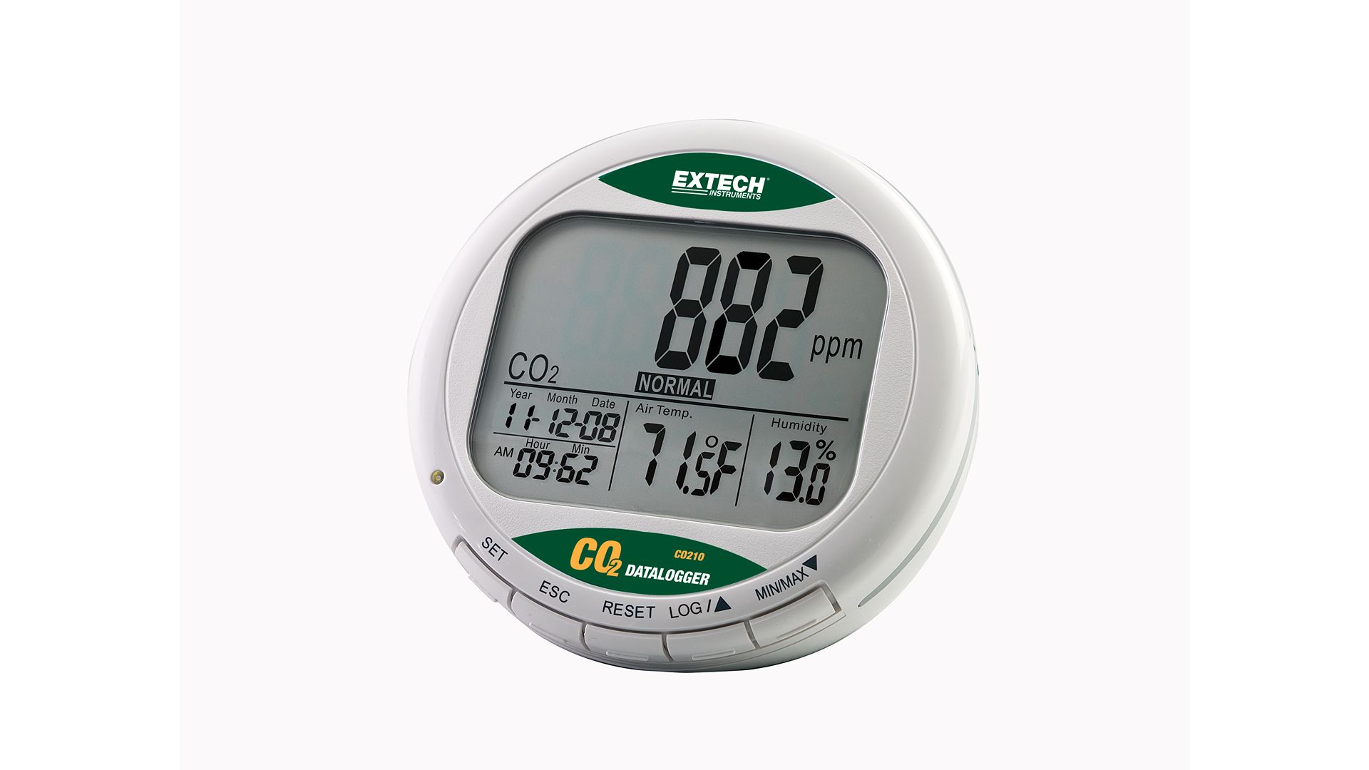 Extech CO210 Data Logging Air Quality Monitor 60 °C, 60 °C Max, 99.9 %RH Max, AC Adapter-Powered