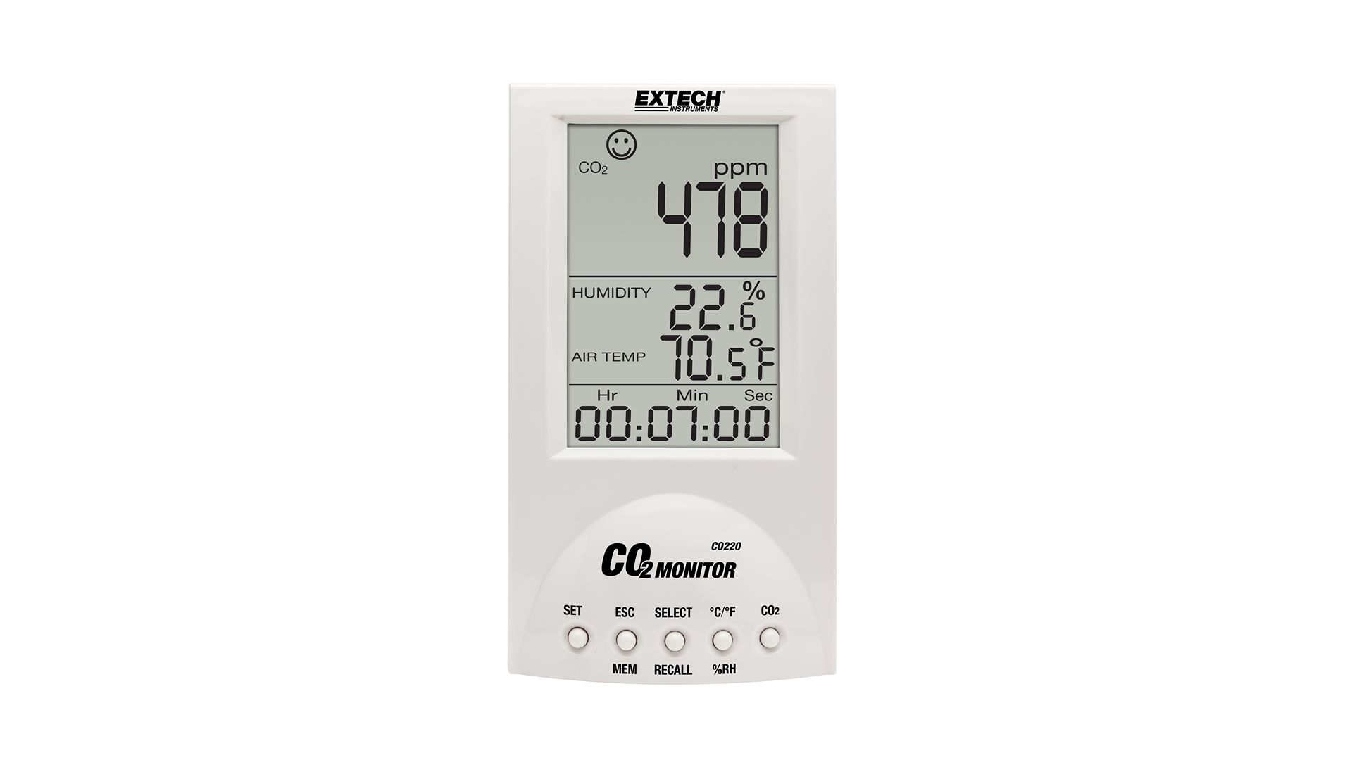 Extech CO220 Air Quality Monitor 60 °C, 60 °C Max, 99.9 %RH Max, AC Adapter-Powered