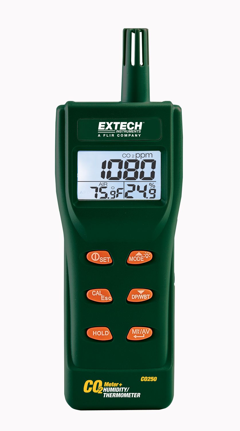 Extech CO250 Data Logging Air Quality Monitor 60 °C, 60 °C Max, 99.9 %RH Max, Battery-Powered
