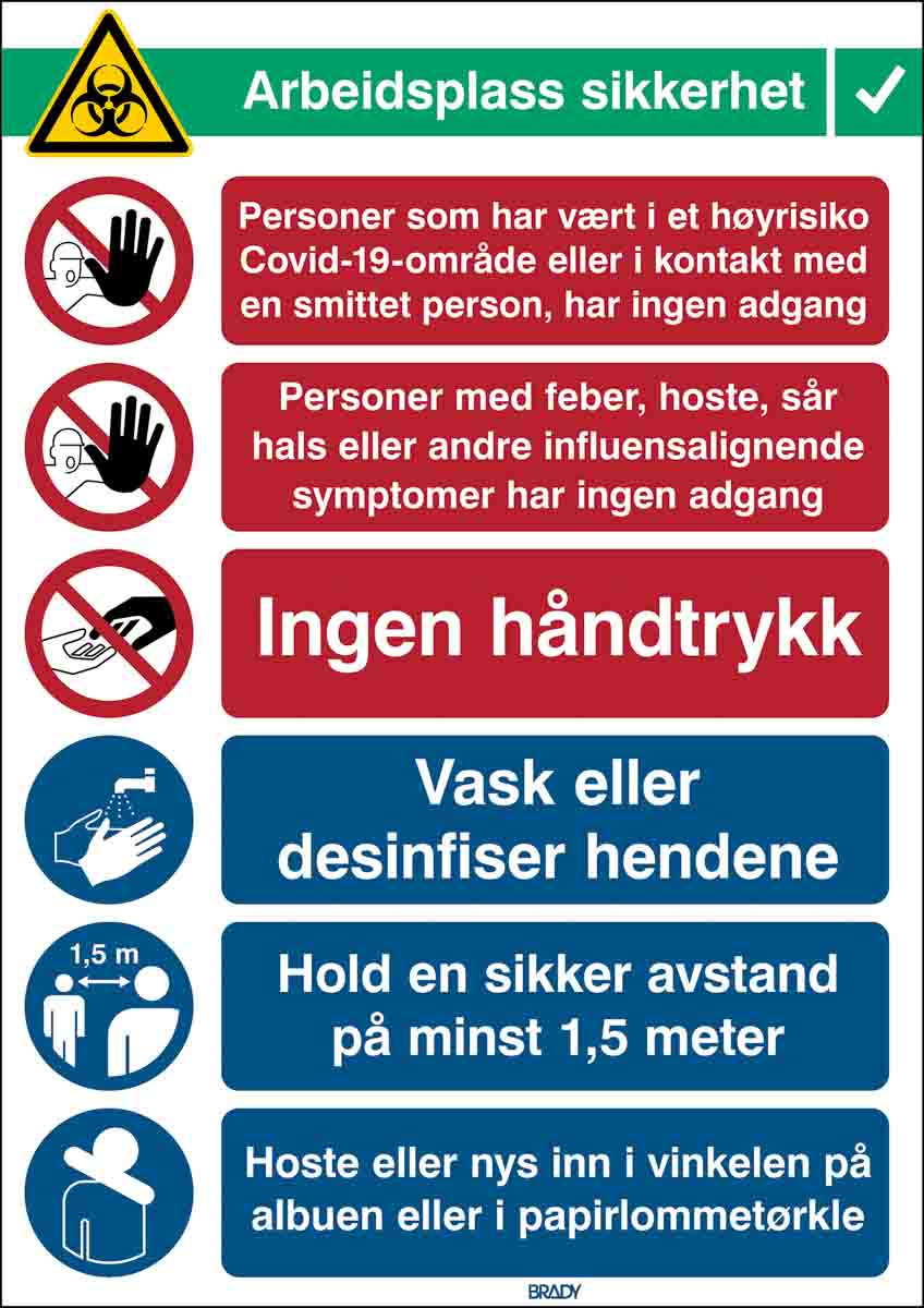Brady Safety Wall Chart, Polypropylene B-7527, Norwegian 371 mm 262 mm