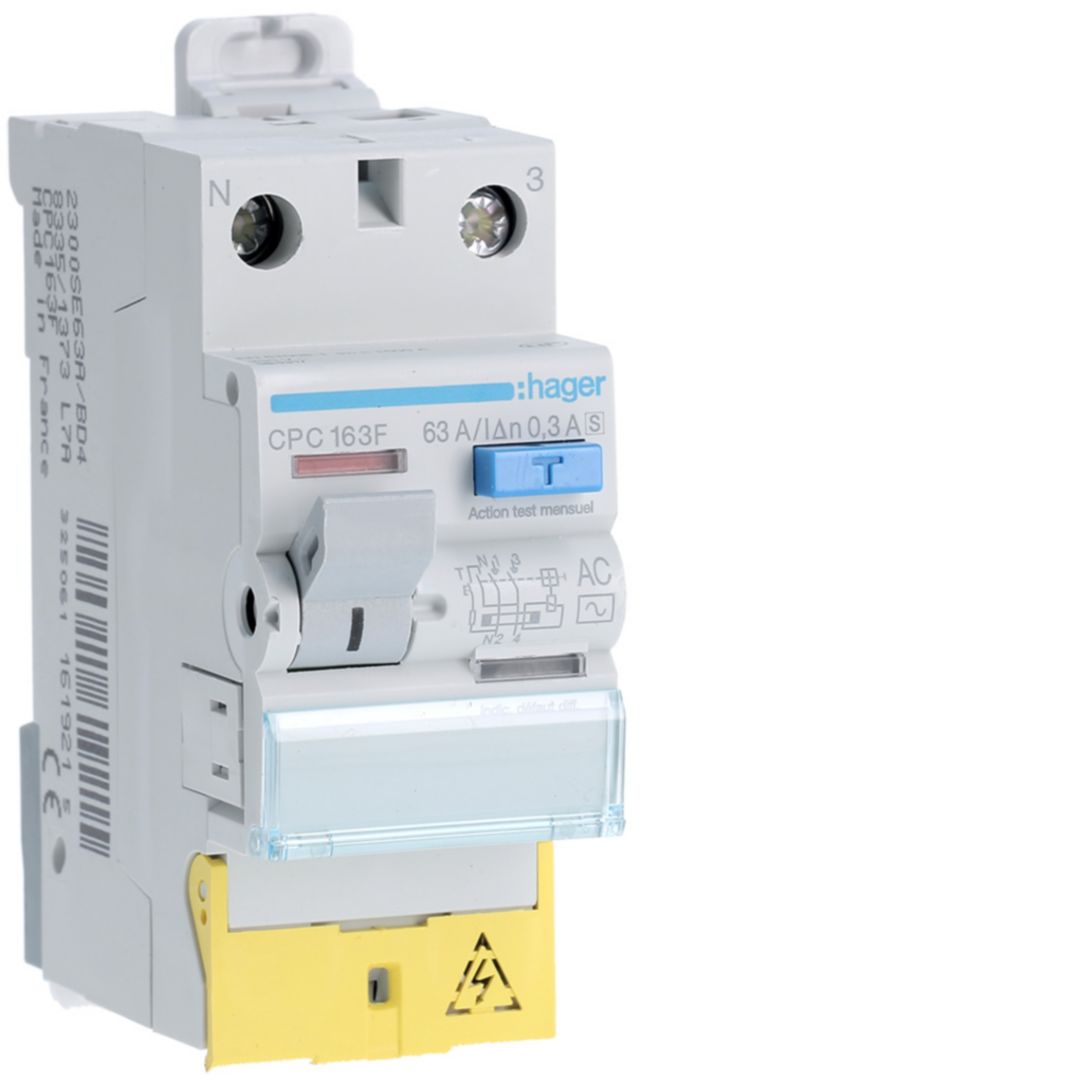 Hager CPC Series Residual Current Circuit Breaker, 63A, 1-Pole, 300 mA, Type AC, 1.5 kA 230V ac