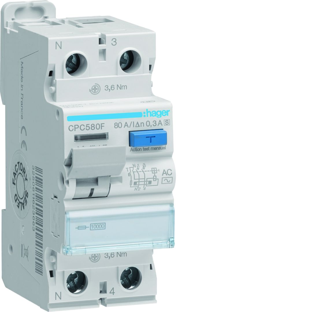 Hager CPC Series Residual Current Circuit Breaker, 80A, 1-Pole, 300 mA, Type AC, 1.25 kA 230V ac