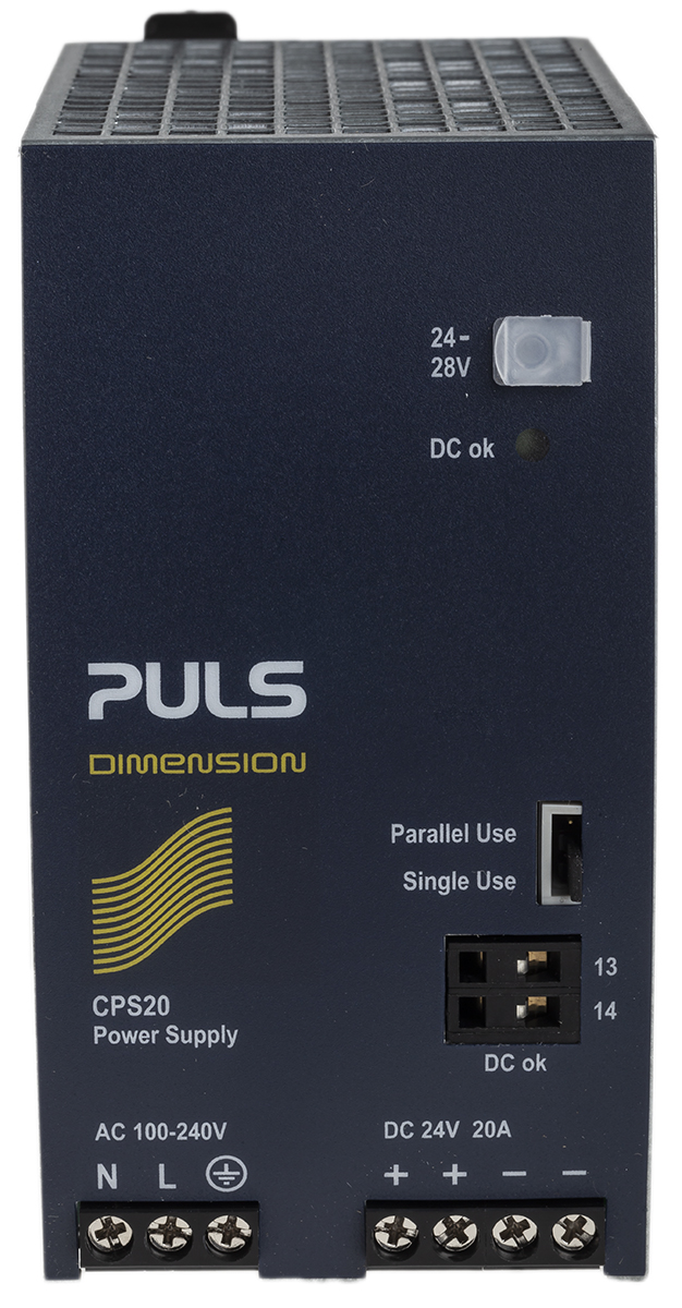 PULS Wide DIN Rail Power Supply 240V ac AC Input 24V dc, 20 A Output DC 480 W