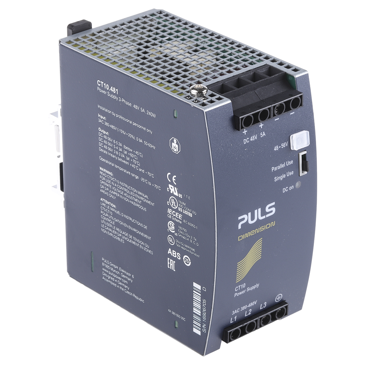 PULS DIMENSION Switched Mode DIN Rail Power Supply 480V ac AC Input 56V dc, 5 A Output DC 240 W