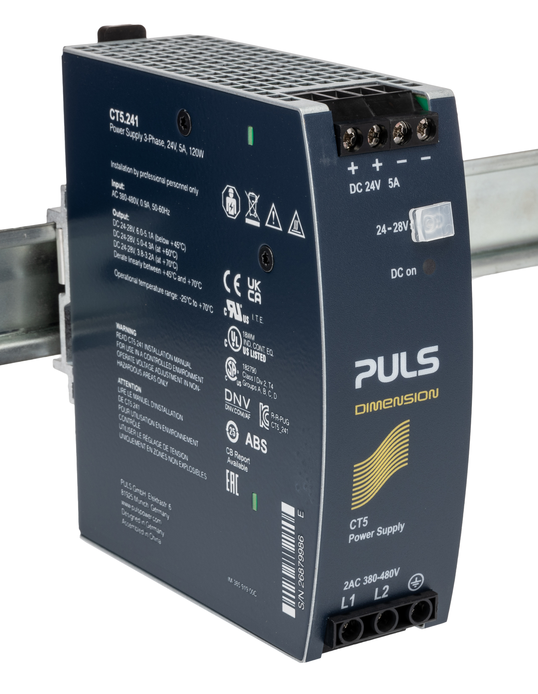 PULS DIMENSION Switched Mode DIN Rail Power Supply 480V ac AC Input 28V dc, 5 A Output DC 120 W