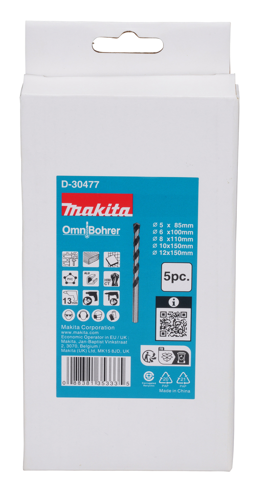Makita 5-Piece Twist Set for Multi-Material, 12 mm Max, 5 mm Min, Tungsten Carbide Tipped Bits