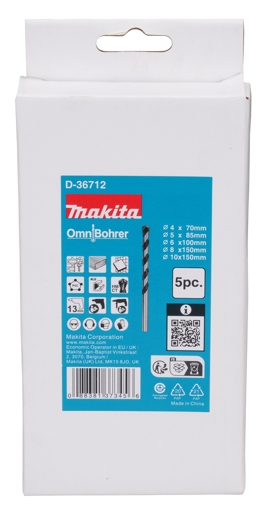 Makita 5-Piece Twist Set for Multi-Material, 10 mm Max, 4 mm Min, Tungsten Carbide Tipped Bits